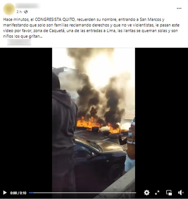 De acuerdo a usuarios, video de llantas quemándose por mercado de Caquetá corresponde a las recientes marchas en Lima. Foto: captura en Facebook.