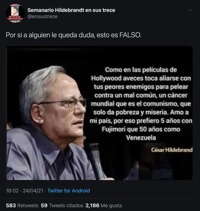 Aclaración del semanario Hildebrandt en sus trece. Foto: captura en Twitter / @ensustrece Aclaración del semanario Hildebrandt en sus trece. Foto: captura en Twitter / @ensustrece