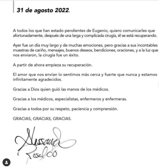 Alessandra Rosaldo publica comunicado sobre la salud de Eugenio Derbez. Foto: Instagram