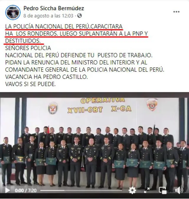 Publicación viral en el que aseguran que la supuesta capacitación a los ronderos pretende suplantar y destituir a la Policía Nacional. FOTO: Captura de Facebook
