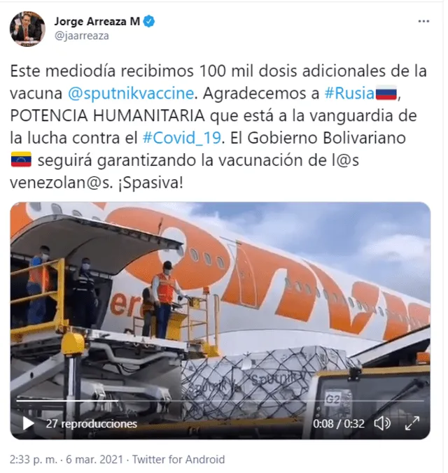 Tuit del ministro de Relaciones Exteriores de Venezuela. Foto: captura de Twitter