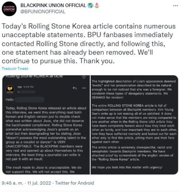 BLACKPINK: controversia por artículo de Rolling Stone Korea. Foto: Twitter