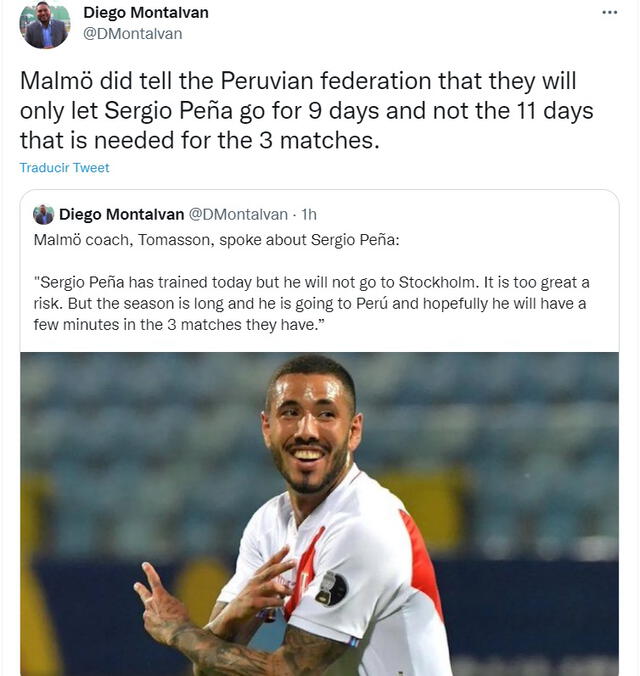 Sergio Peña vuelve a la selección peruana tras jugar la Copa América en junio. Foto: captura Twitter