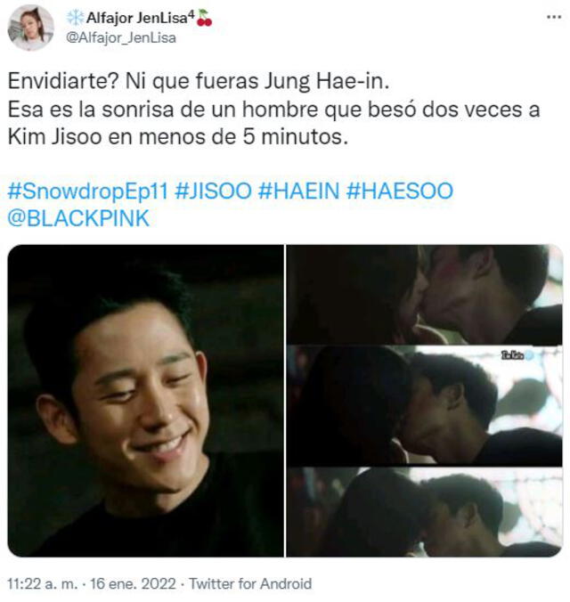 Fans reaccionan al beso de Jisoo y Jung Hae In en Snowdrop. Foto: Twitter