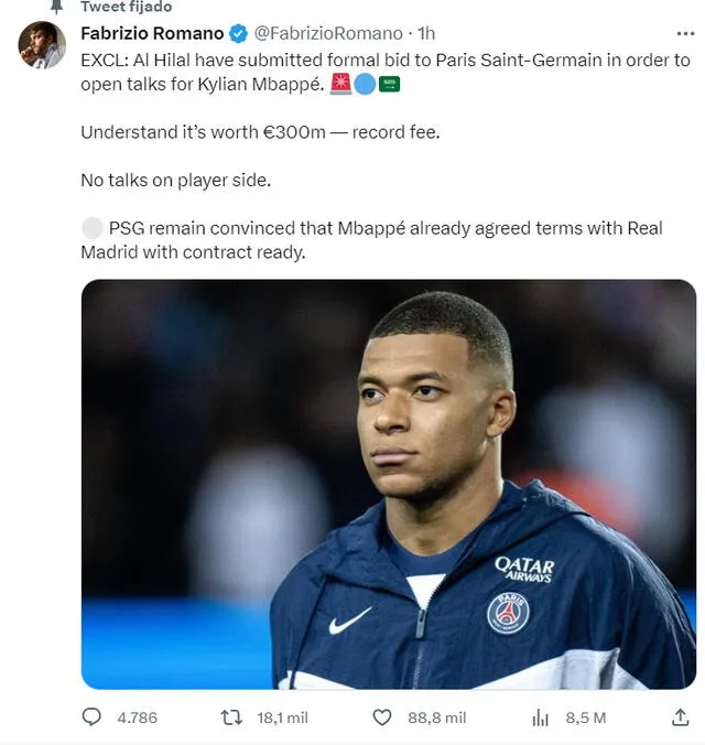  PSG con oferta de Al-Hilal por Mbappé. Foto: Twitter.   