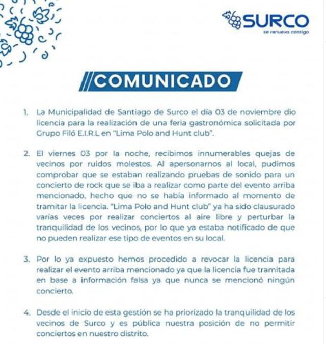 El comunicado de la Municipalidad de Surco con respecto a la suspensión de 'Carne y Fuego'. Foto: Municipalidad de Surco   