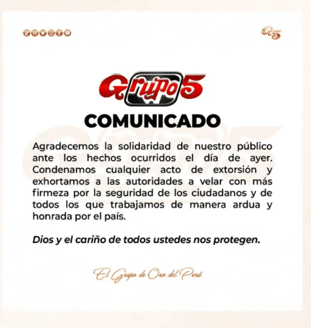  Grupo 5 comparte comunicado ante caso de extorsión. Foto: Instagram/Grupo 5   