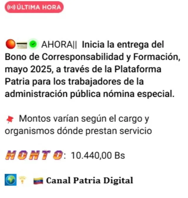 Anuncio del Bono Corresponsabilidad y Formación de mayo 2025. Foto: Canal Patria Digital Anuncio del Bono Corresponsabilidad y Formación de mayo 2025. Foto: Canal Patria Digital