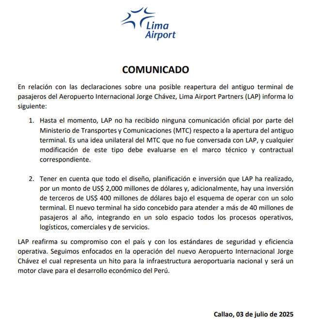 LAP se pronuncia sobre intención de unir dos terminales del aeropuerto Jorge Chávez LAP se pronuncia sobre intención de unir dos terminales del aeropuerto Jorge Chávez