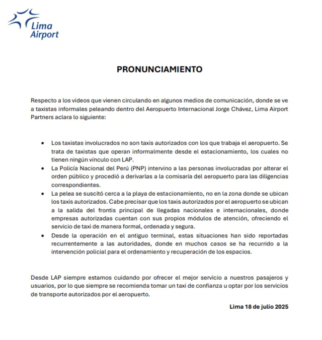 Comunicado de LAP sobre incidente. Comunicado de LAP sobre incidente.