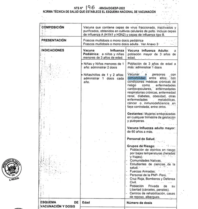  Norma especifica esquema de vacunación contra influenza desde 2022.   