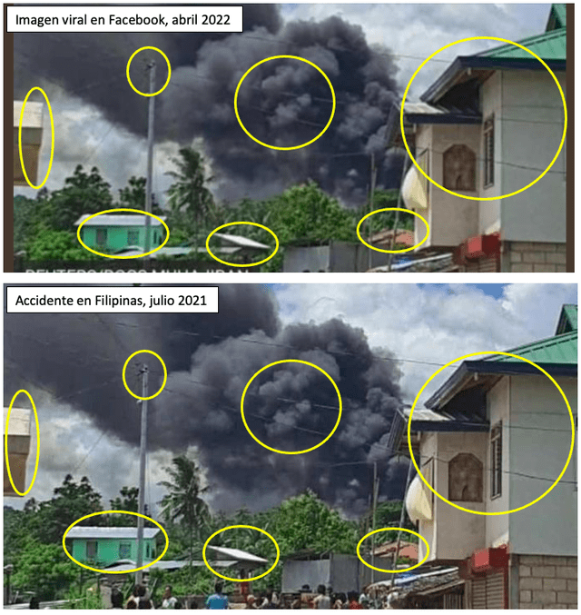 Comparación entre la imagen difundida sobre un supuesto accidente en Colombia (arriba) y una foto de un accidente aéreo en Filipinas (abajo). Fuente: Composición LR, Facebook, La Voz.