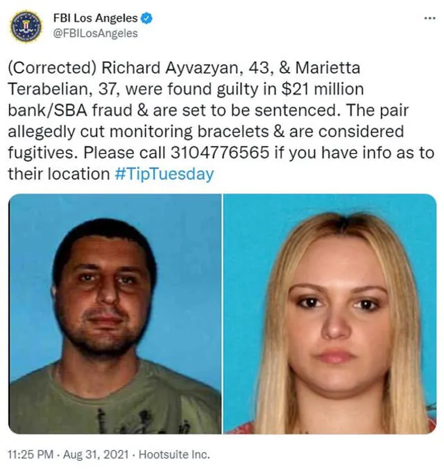 Publicación del FBI pidiendo información para localizar a la pareja Ayvazyan. Foto: captura de Twitter/FBI