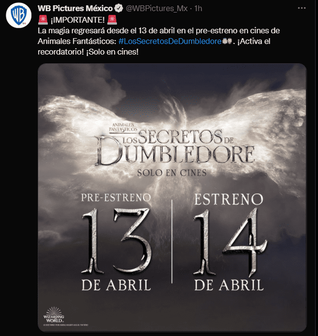Warner Bros. confirma fecha de pre estreno de "Los secretos de Dumbledore". Foto: Twitter