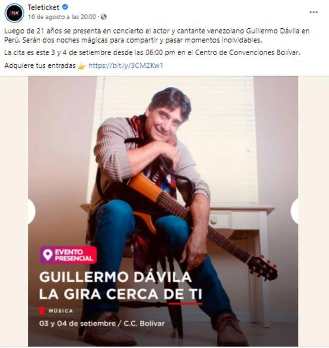 Guillermo Dávila anuncia concierto en Perú. Foto: captura/Facebook