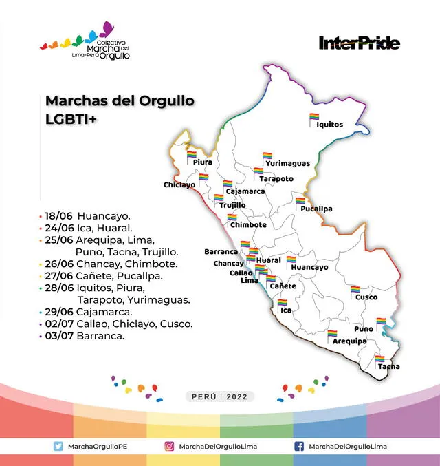 Ciudades que participarán de la marcha. Foto: Marcha del Orgullo Lima