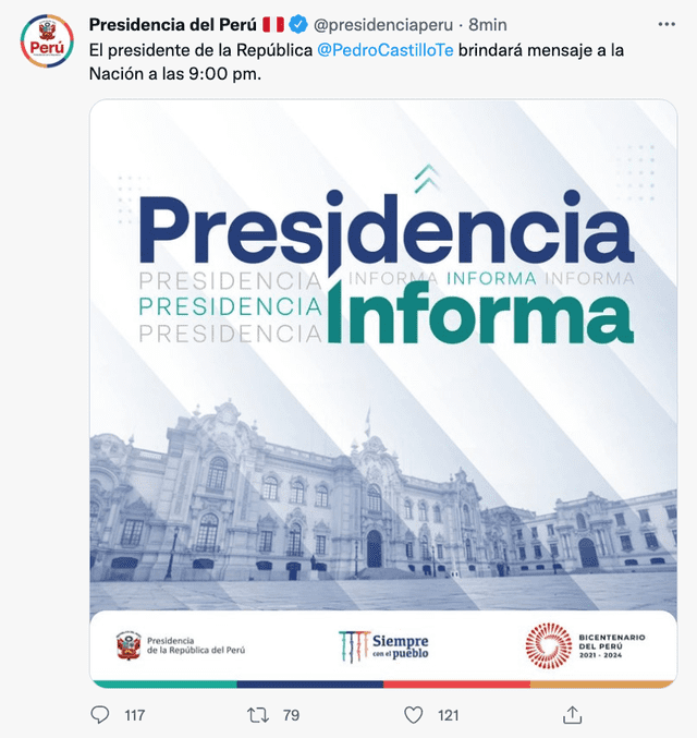 Pronunciamiento de Presidencia. Foto: captura de Twitter