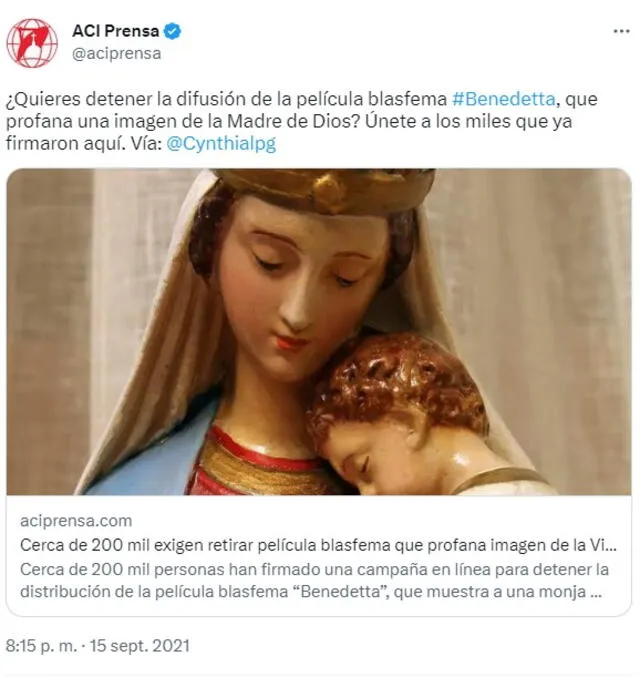  ACI Prensa publicó una iniciativa para detener la distribución de "Benedetta". Foto: captura de Twitter   