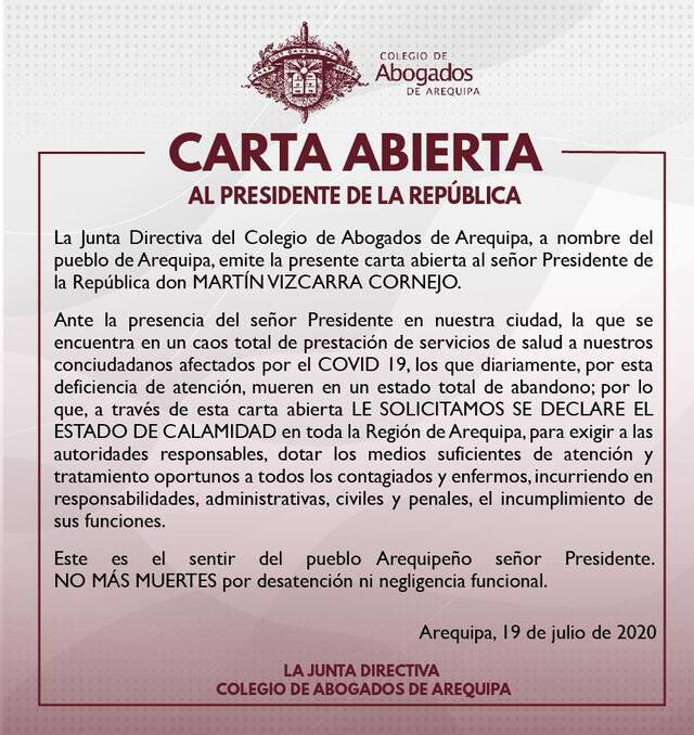 Colegio de Abogados emitió este documento dirigido al presidente Vizcarra.