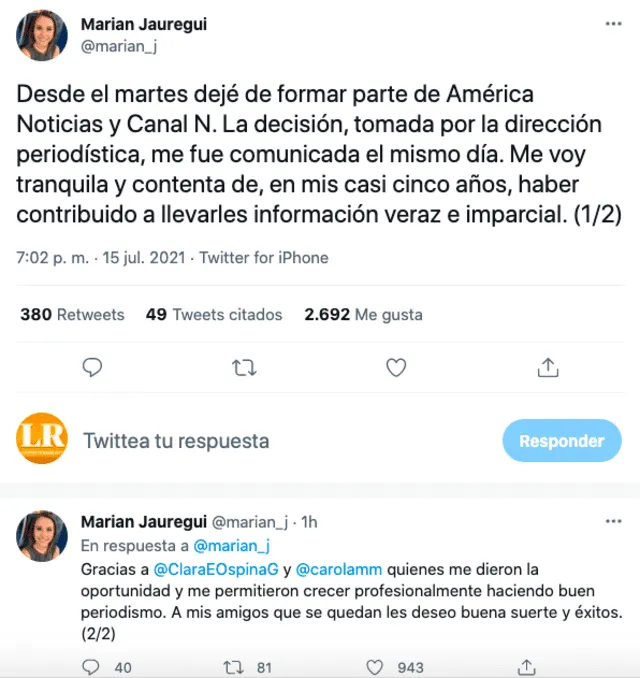 Periodista Marian Jauregui anuncia su salida de América Noticias y Canal N