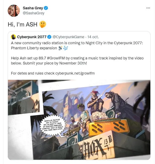 Sasha Grey confirma que dará su voz a personaje de Cyberpunk 2077. Foto: captura de Twitter