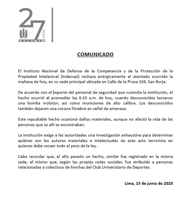 Indecopi se pronunció tras atentado con explosivo.