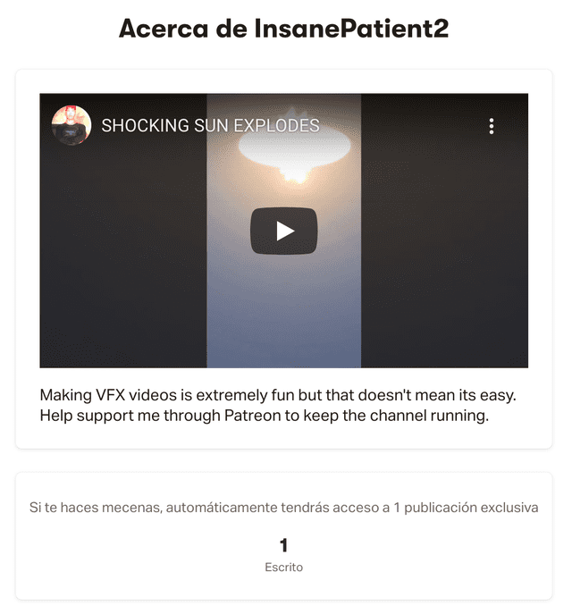 Perfil de Patreon de Insane Patient 2 donde pide a los usuarios colaborar con él para seguir realizando su trabajo. Foto: captura