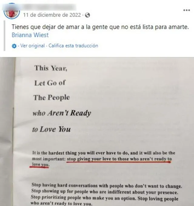  Post de 2022 que relaciona a Brianna Wiest con un libro titulado “Este año, deja ir a las personas que no están listas para amarte”. Foto: captura en Facebook.&nbsp;   