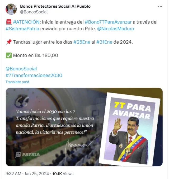  El Segundo Bono Especial 2024 fue anunciado por el Gobierno de Nicolás Maduro. Foto: Bonos Social/X   