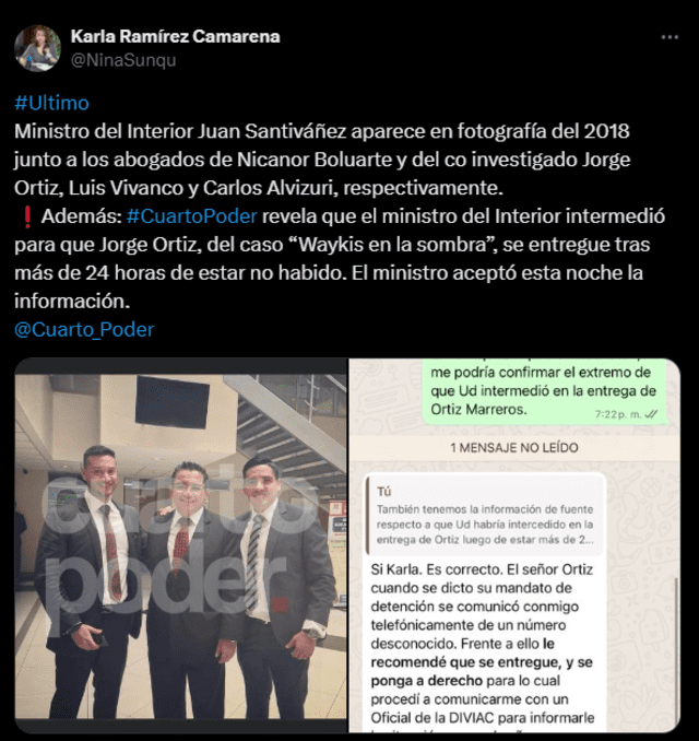 Fotografía evidenciaría una cercanía entre los abogados de los investigados por el caso Waykis en la Sombra y el actual ministro del Interior. Foto: Karla Ramírez/ X.   