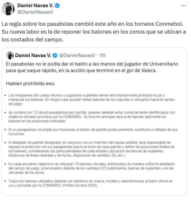 Daniel Navas usó sus redes sociales para protestar contra el alcanzapelotas de Universitario. Foto: X/DanielNavasV Daniel Navas usó sus redes sociales para protestar contra el alcanzapelotas de Universitario. Foto: X/DanielNavasV