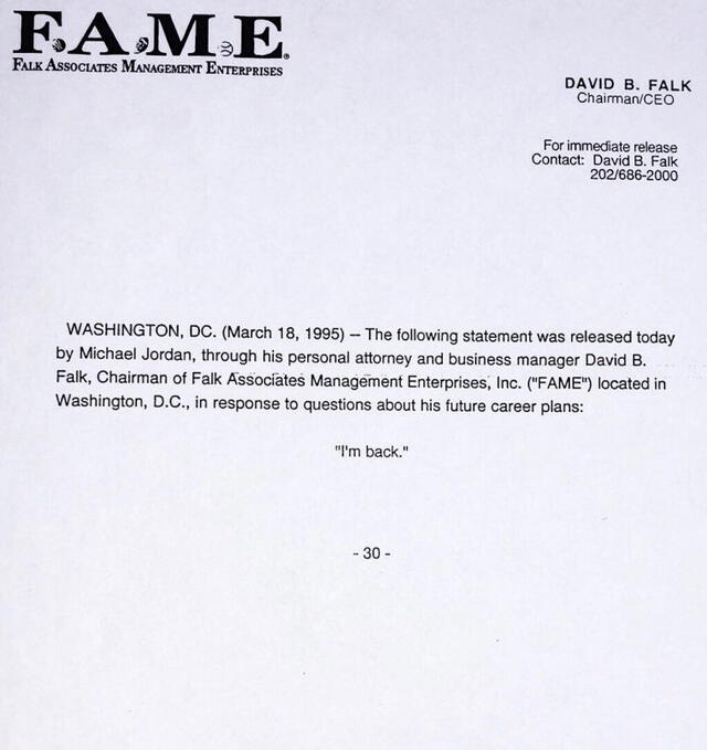 Michael Jordan comunicado 1995 de su regreso a los Chicago Bulls. Foto: Difusión