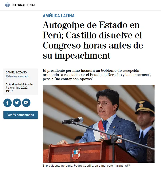 Así informó la prensa internacional sobre la disolución del Congreso en Perú. Foto: captura El Mundo