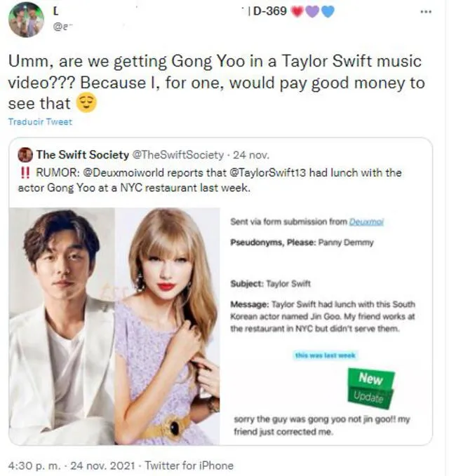 Reacciones a los rumores de Gong Yoo y Taylor Swift. Foto: captura/Twitter