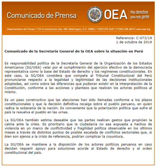 Comunicado de la OEA emitido por el secretario general Luis Almagro. Foto: Twitter Luis Almagro.