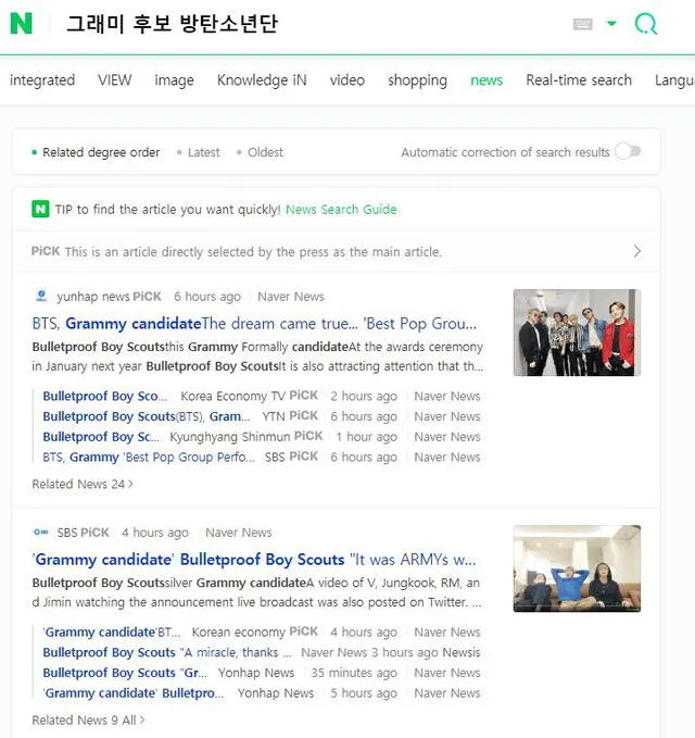 El portal Naver refleja las decenas de artículos escritos para BTS con motivo de su nominación. Foto: captura