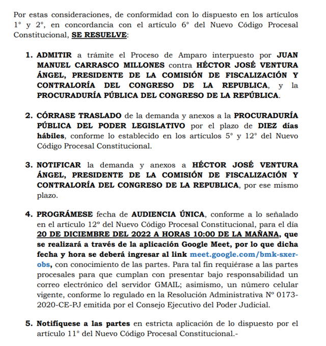 Admiten amparo de Juan Carrasco. Foto: documento