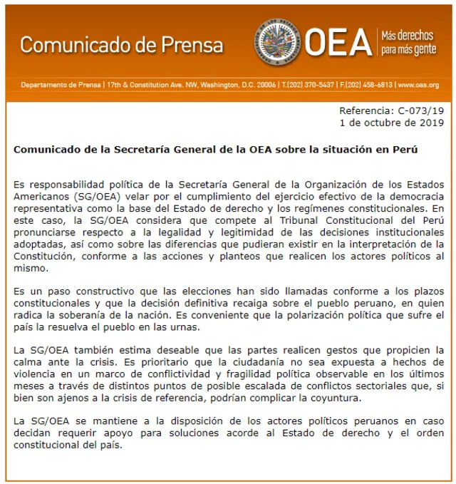 Pronunciamiento de la OEA.