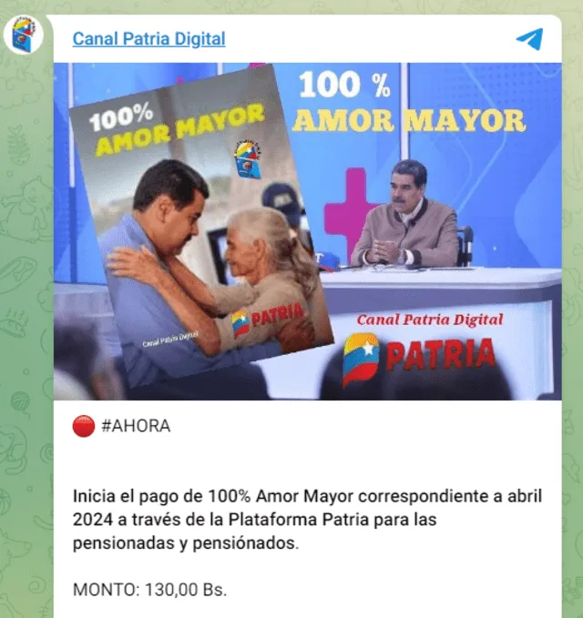 El Bono Amor Mayor llegó al Sistema Patria este viernes 5 de abril. Foto: Canal Patria Digital   