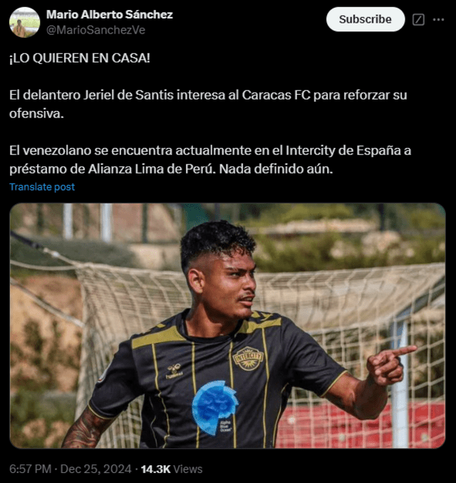  Jeriel De Santis podría regresar a Caracas FC, club donde jugó desde inicios de 2019 hasta mediados del 2020. Foto: captura de X    