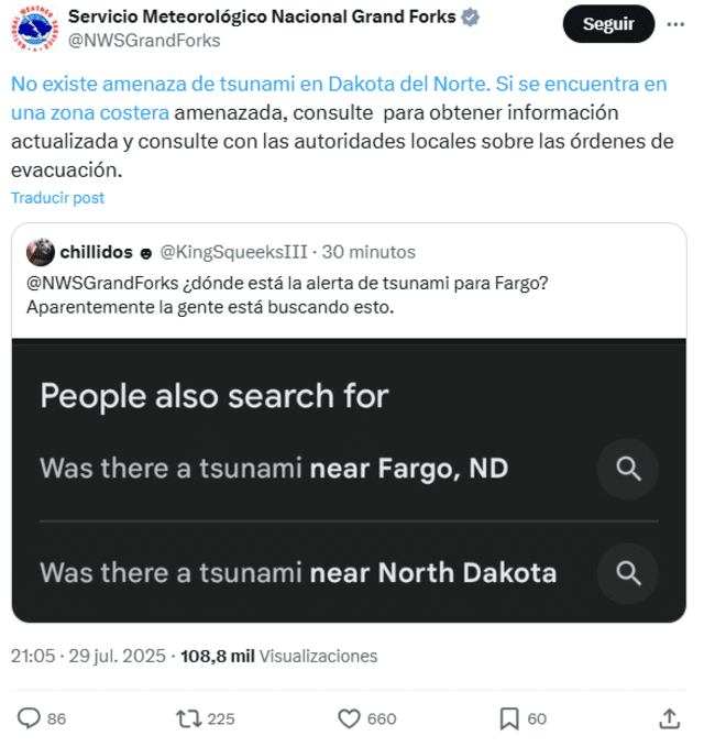 El Servicio Meteorológico de Estados Unidos se pronuncia sobre las alertas de tsunami en el país. Fuente: X El Servicio Meteorológico de Estados Unidos se pronuncia sobre las alertas de tsunami en el país. Fuente: X
