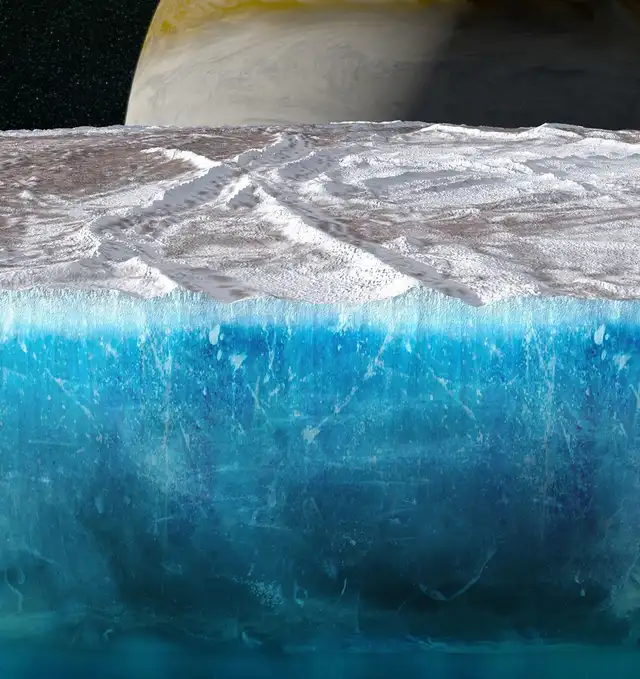  Representación del hielo en la superficie de Europa que se extendería por casi 30 kilómetros. Foto: NASA   