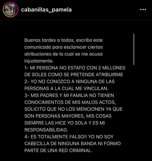 Comunicado Pamela Cabanillas. Foto: @cabanillas_pamela/IG