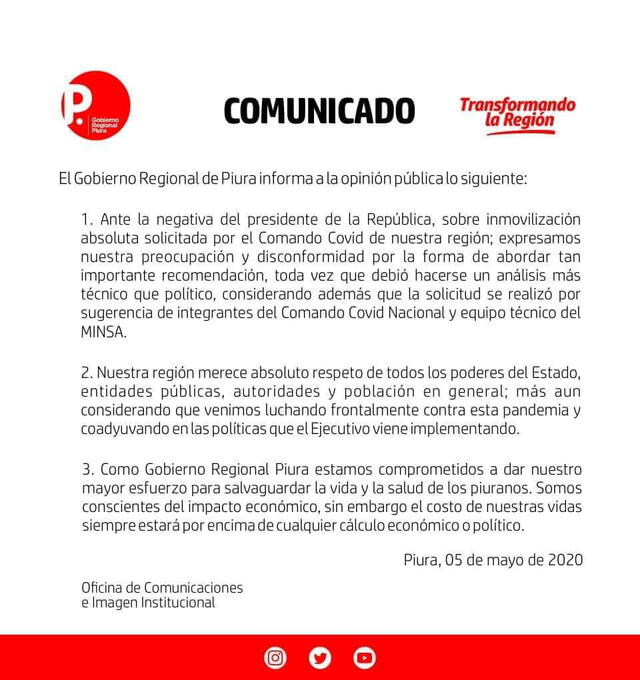 Posición del Gobierno Regional del Piura.