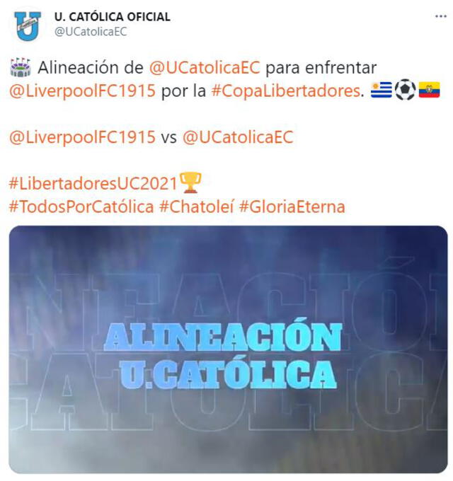 Equipo titular de la U. Católica ante Liverpool de Uruguay