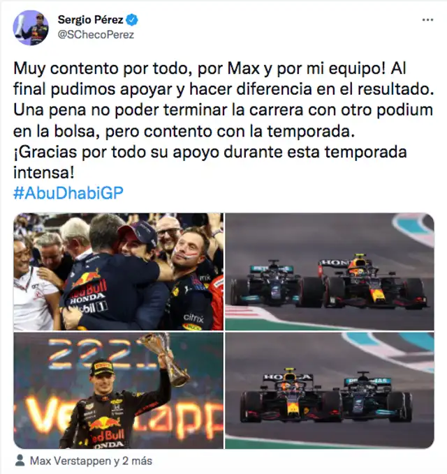 Mensaje del 'Checo' Pérez en sus redes sociales. Foto: captura Twitter Sergio Pérez Mensaje del 'Checo' Pérez en sus redes sociales. Foto: captura Twitter Sergio Pérez