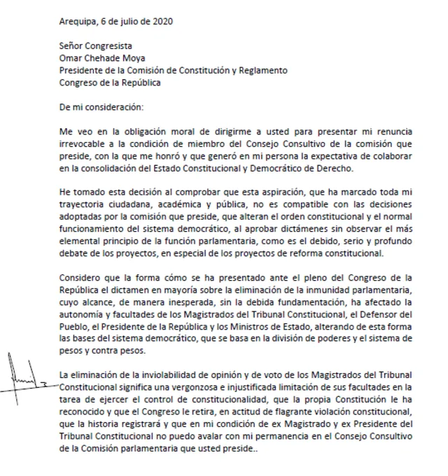 Carta de renuncia de Óscar Urviola dirigida al presidente de la Comisión de Constitución, Omar Chehade.