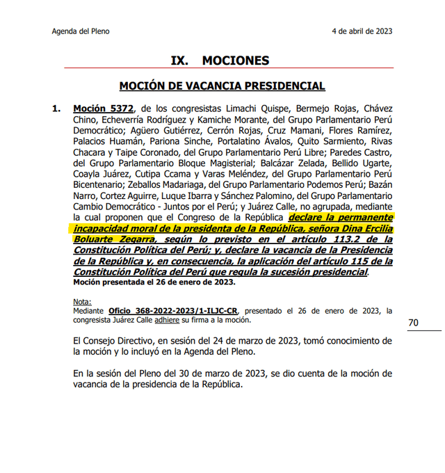  Legislativo agendó moción de vacancia presidencial contra Boluarte. Foto: captura de agenda del Congreso   