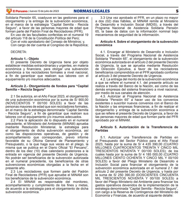  Este es el Decreto de Urgencia que autoriza la transferencia de S/4,4 millones para financiar la entrega del bono para recicladores. Foto: El Peruano<br>   