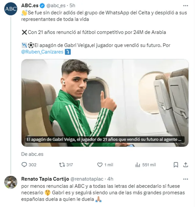 Publicación de Renato Tapia contra la prensa española. Foto: Twitter.   
